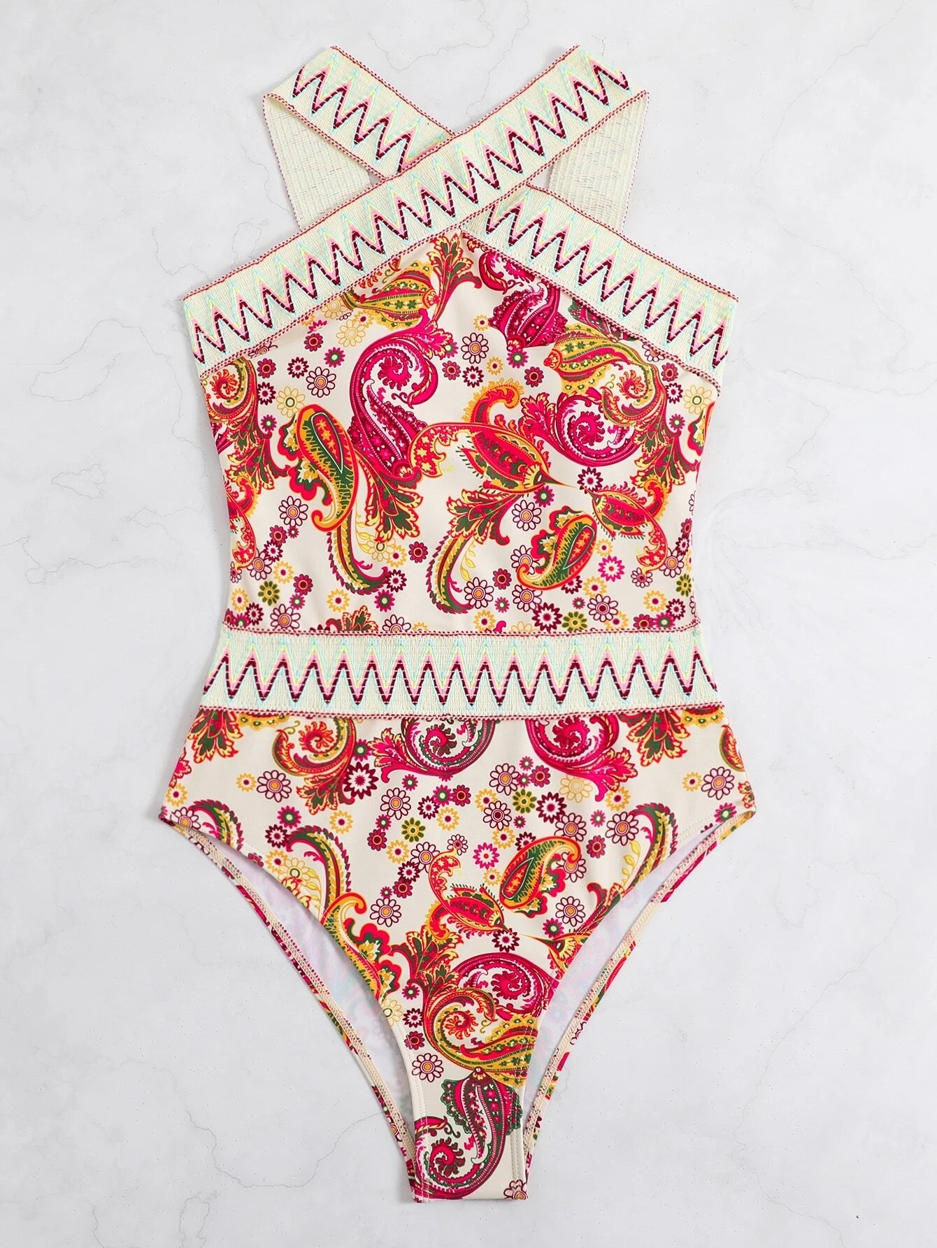 Paisley Chevron Tape High Neck One Piece