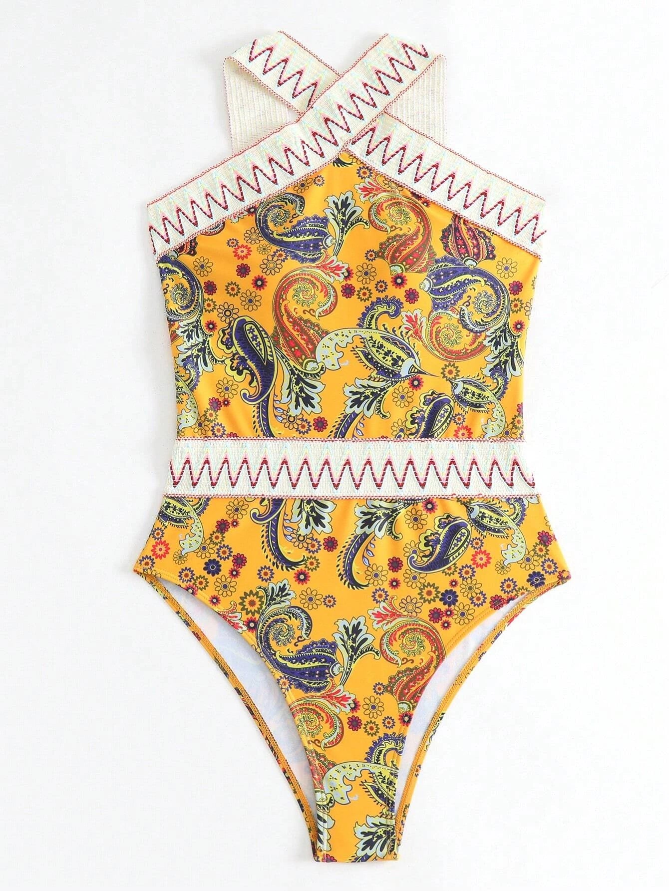 Paisley Chevron Tape High Neck One Piece