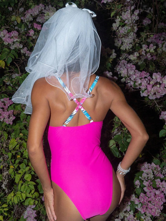Neon Pink Tropical Crisscross Plunge One Piece
