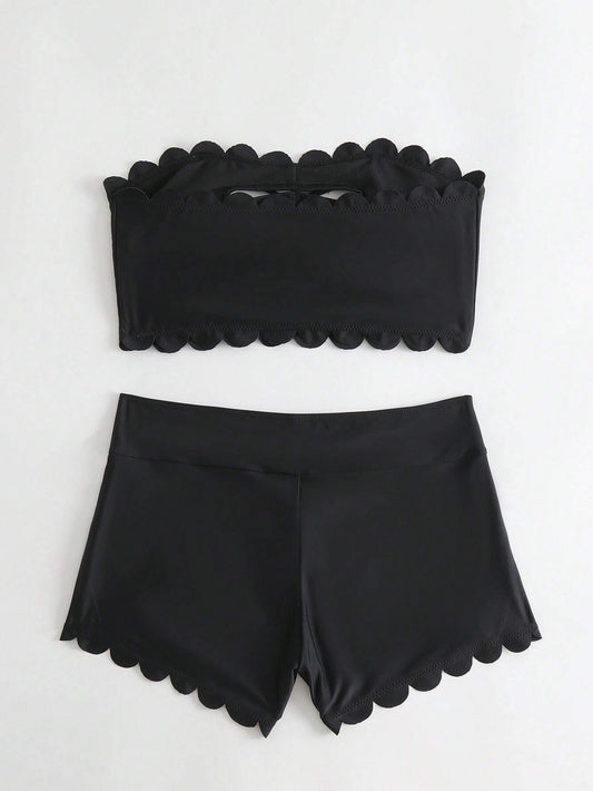Black Scallop Trim Bandeau Bikini Shorts Set