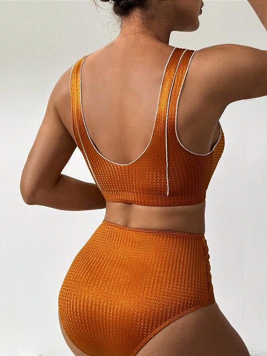 Rust Contrast Binding High Waisted Bikini Set