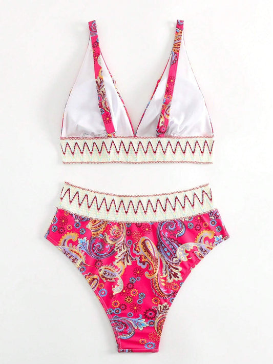 BarbieCore Paisley Print Chevron Tape Bikini Set
