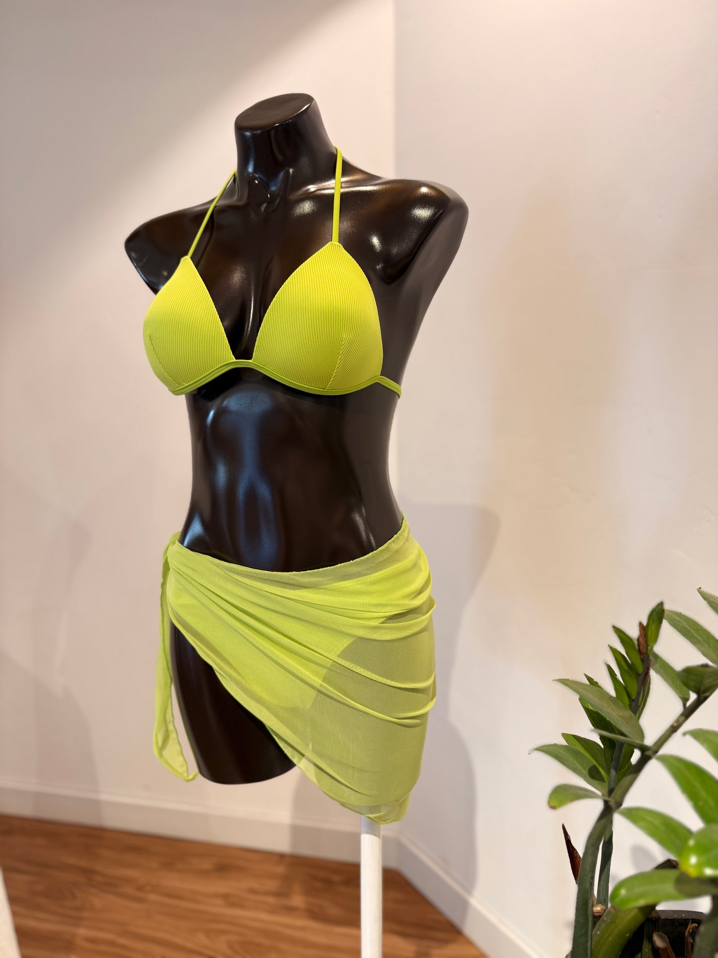 3 Pack Lime Ribbed Push Up Bikini & Wrap Set