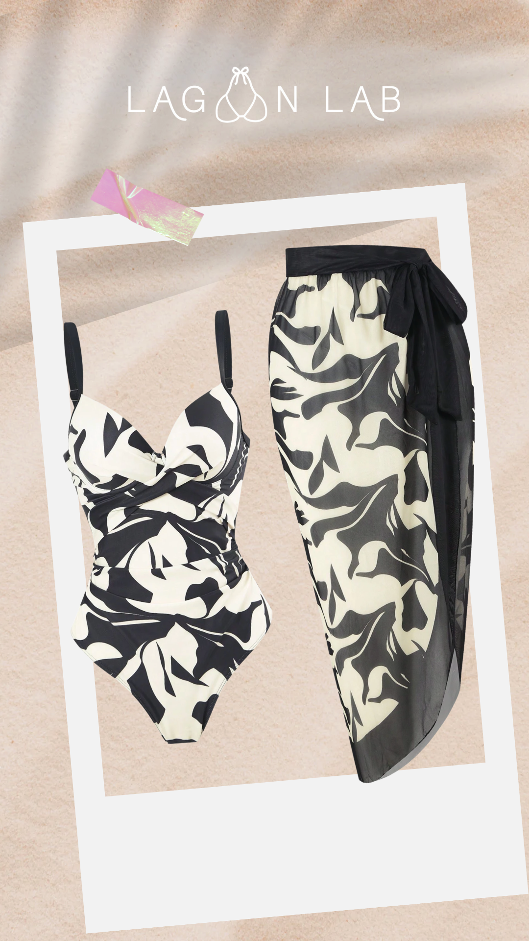 B/W Abstract Floral Push Up One Piece & Sarong Set