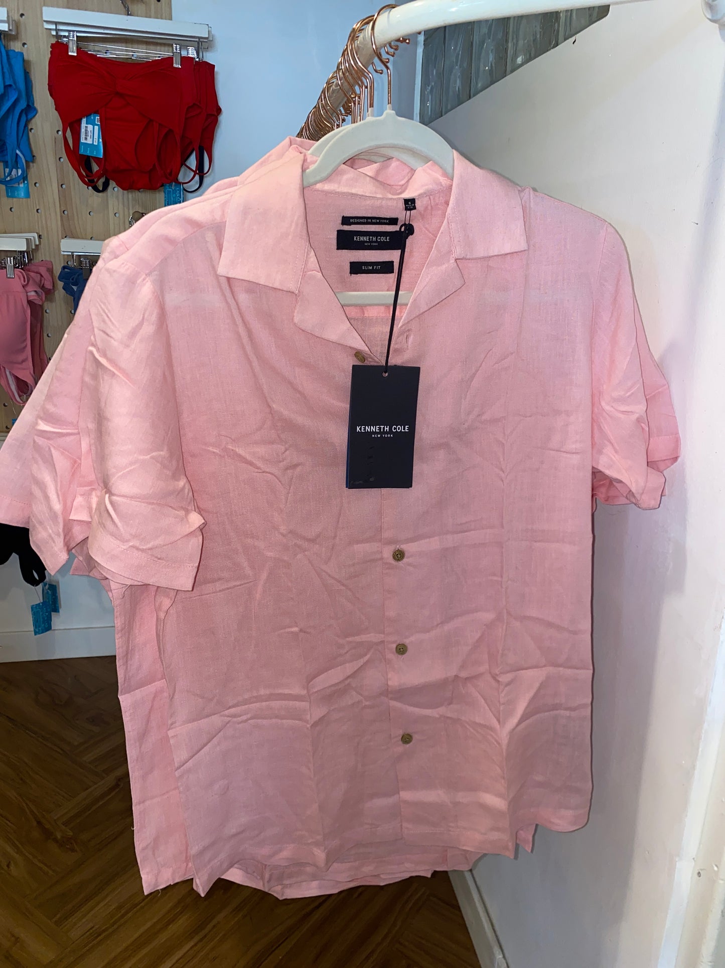 True - Kenneth Cole Baby Pink Linen Short Sleeve Shirt - SK-KC-PK