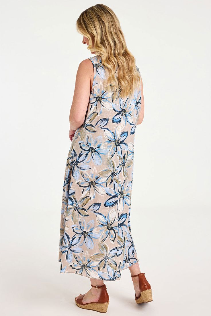 True - Bonmarche Linen Sleeveless long Dress - SK-BM-WDL-FLB