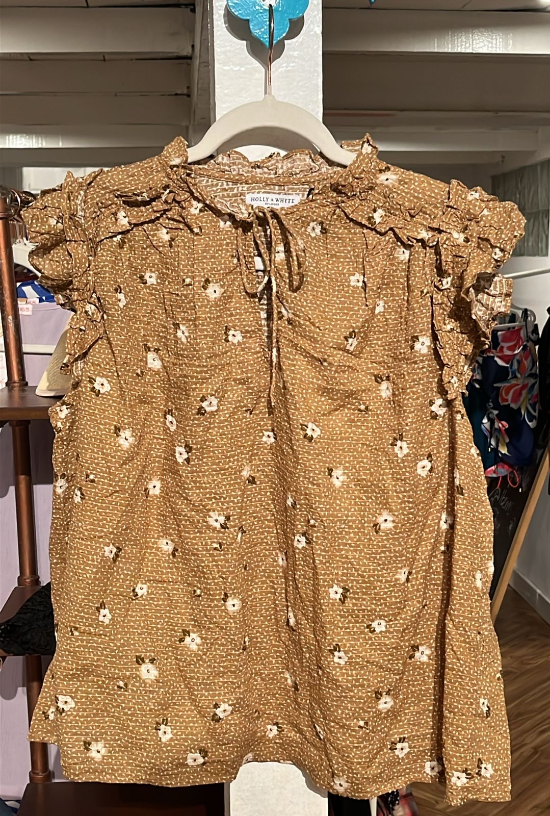 True - HOLLY WHITE FRILL SLEEVE BLOUSE - BROWN FLORAL - SK-HW-WBL-BR