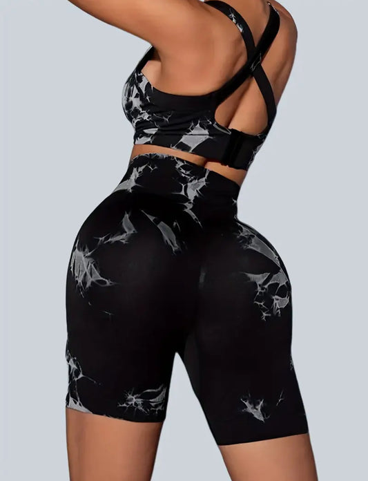 Black Tie-Dye Sports Bra & Shorts Active Set