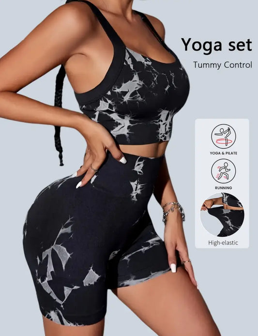 Black Tie-Dye Sports Bra & Shorts Active Set