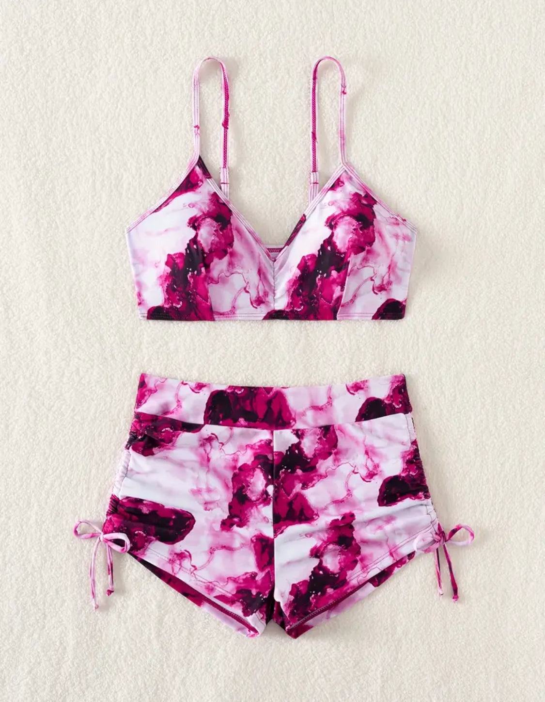 Wine Tie Dye Ruched Drawstring Bikini Shorts