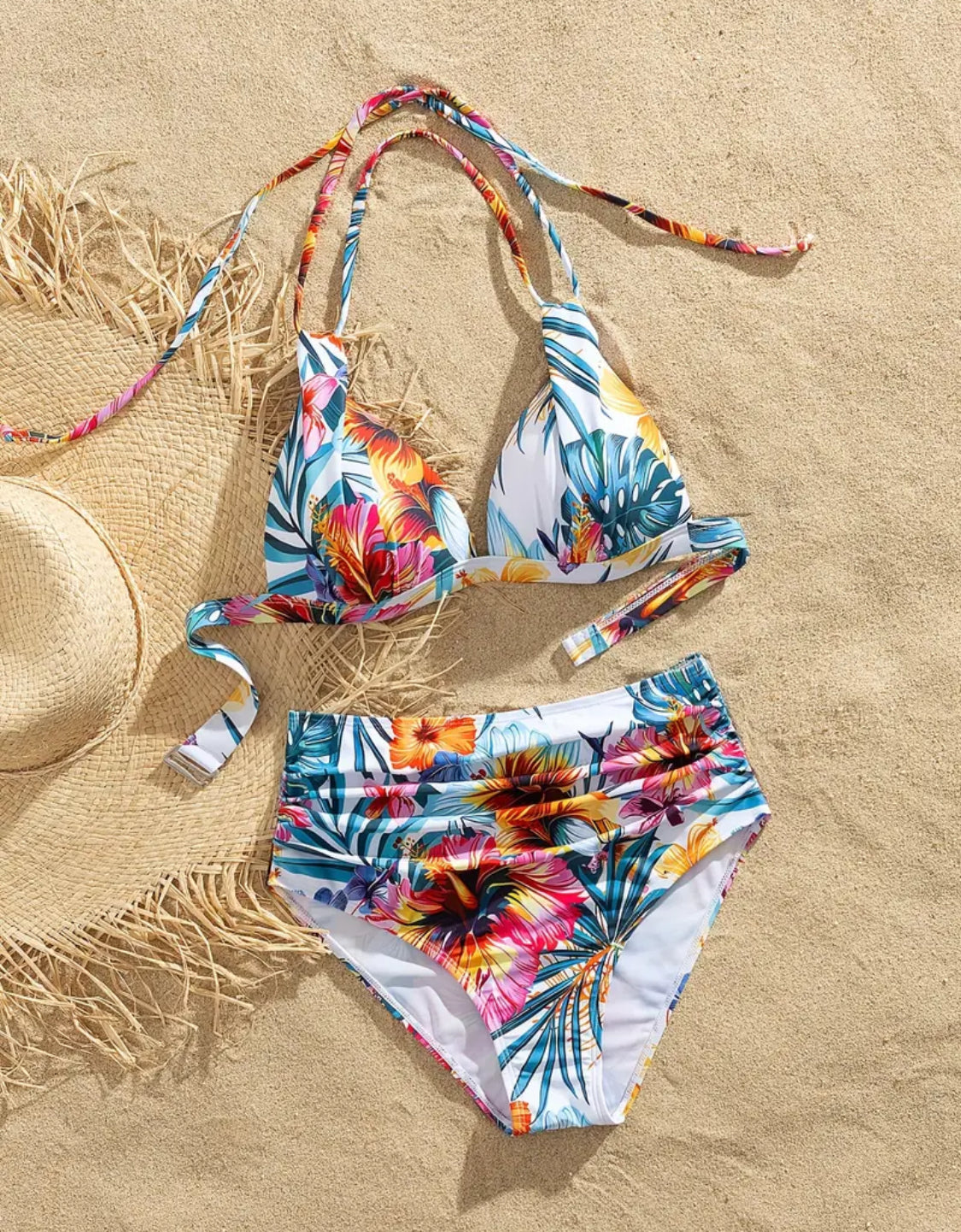 Tropical Burst Push Up Ruched High Waist Bikini Set