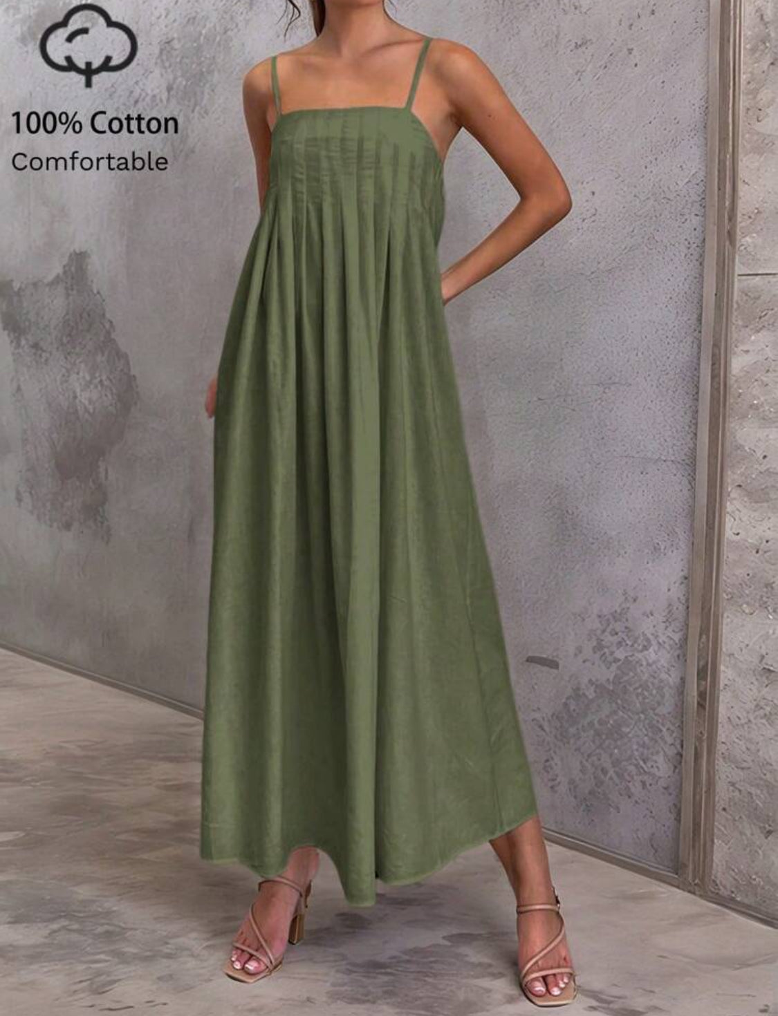 Olive Linen Pleated Cami Maxi Dress