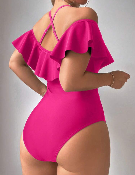 Ruffle Off Shoulder Mesh Criss Cross Detail Swimsuit