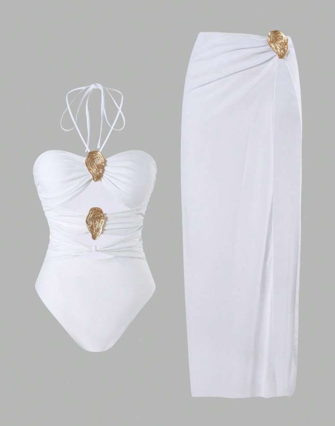 Bandeau Gold Detail Cut Out Swimsuit & Skirt Set