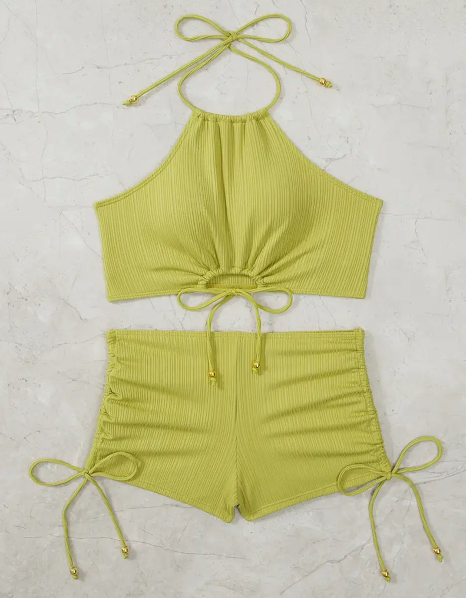 Lime Ribbed High Neck Bikini Shorts Set Lagoonlab — free download