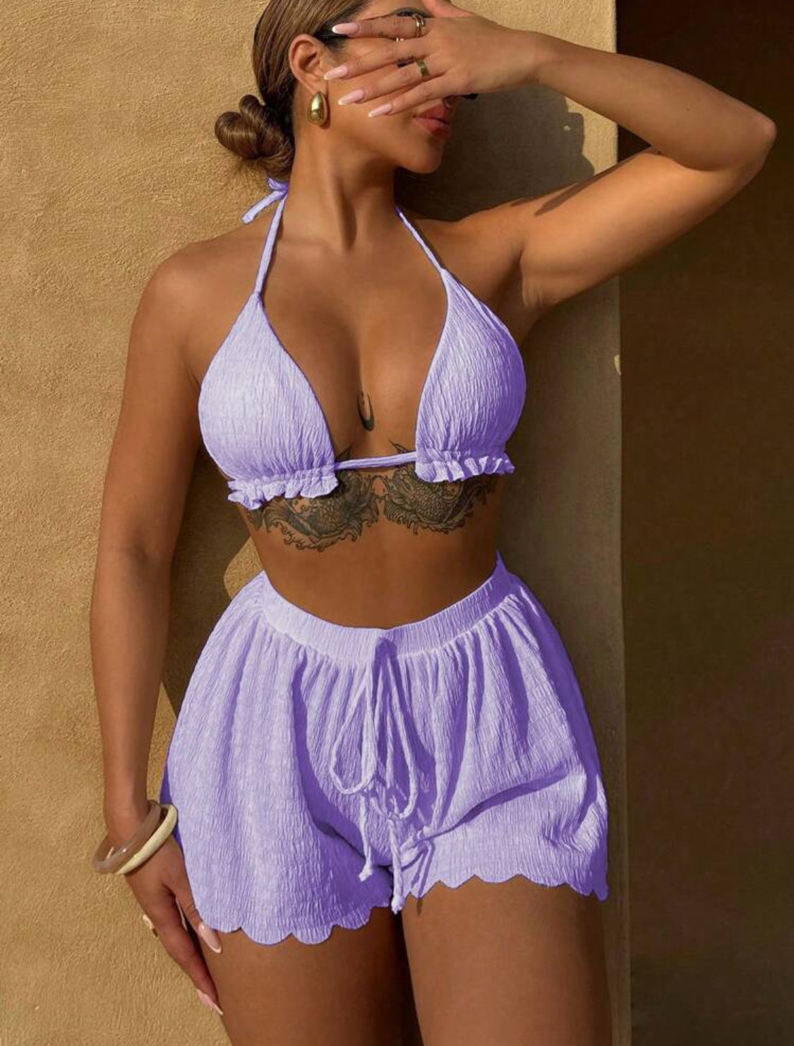 3 Pack Lilac Textured Bikini & Shorts Set