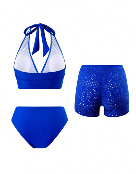 3 Pack Indigo Halter Bikini & Crochet Shorts Set