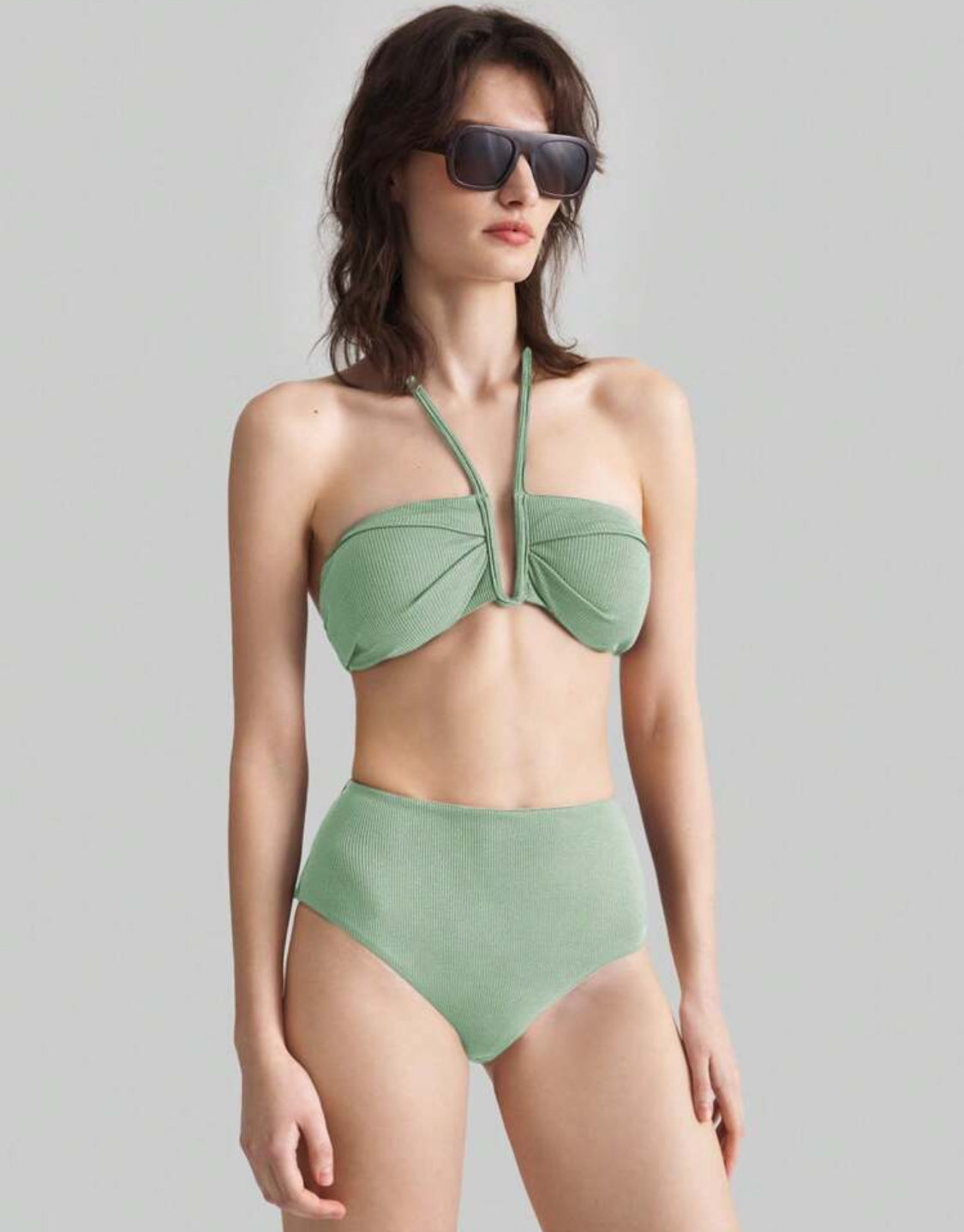 Olive V Ribbed Halter High Waist Bikini Set