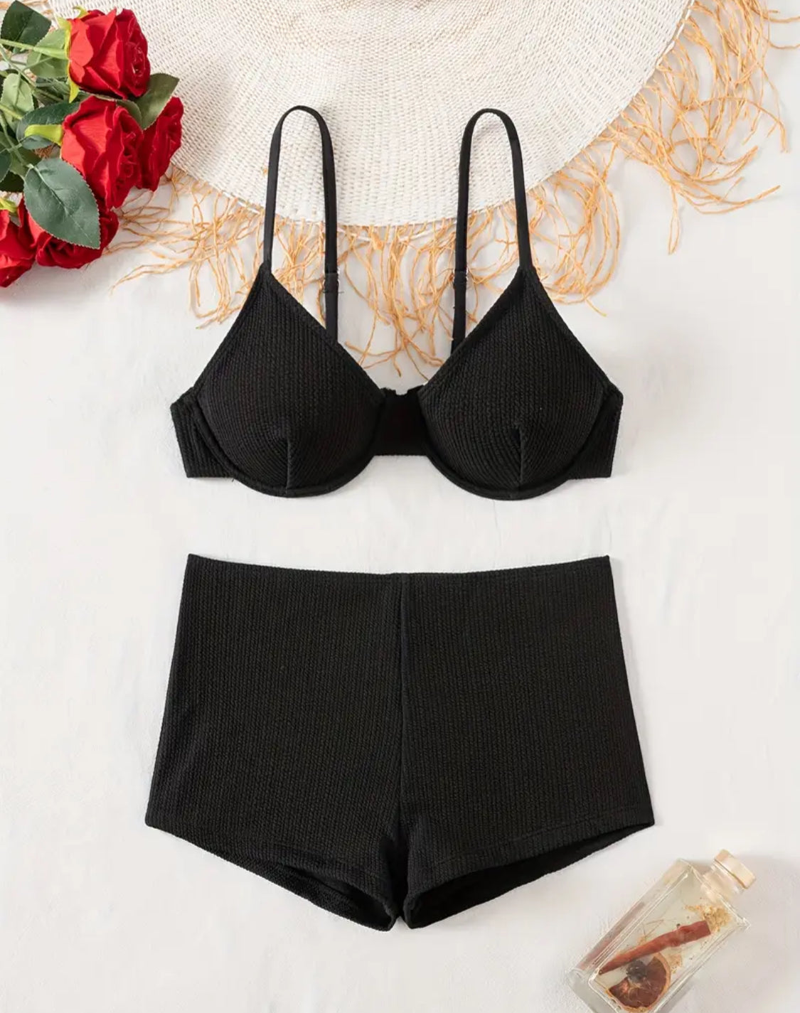 Textured Black Underwire Bikini Shorts Set