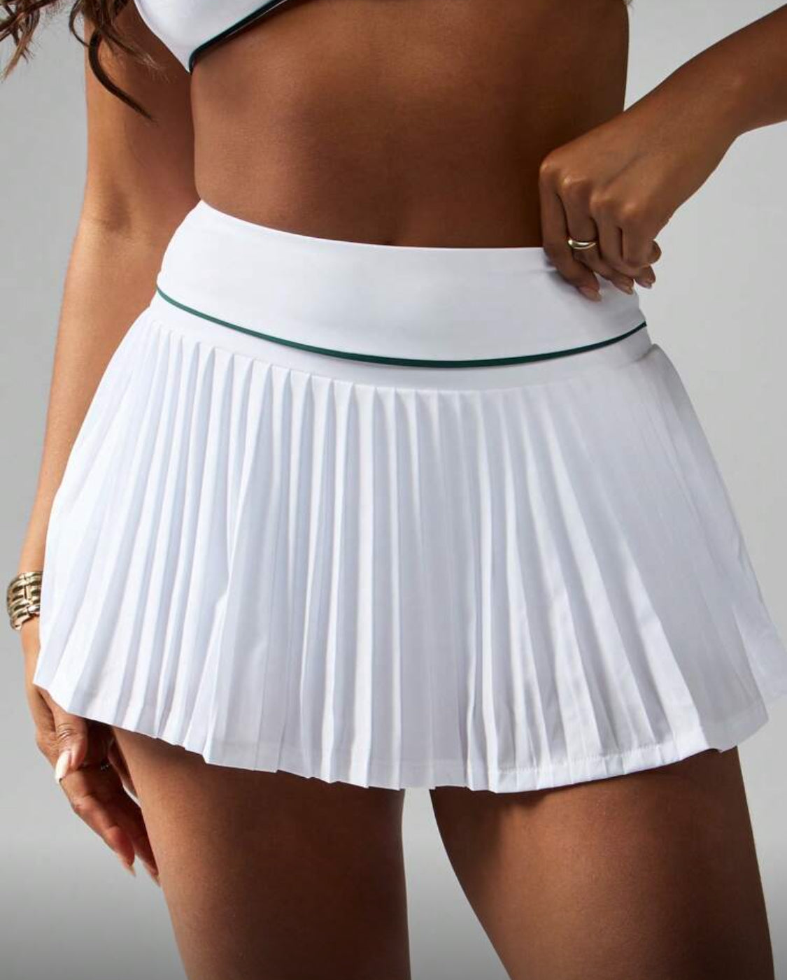 White Pleated Contrast Band Tennis Skirt