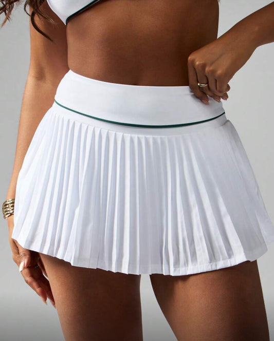 White Pleated Contrast Band Tennis Skirt