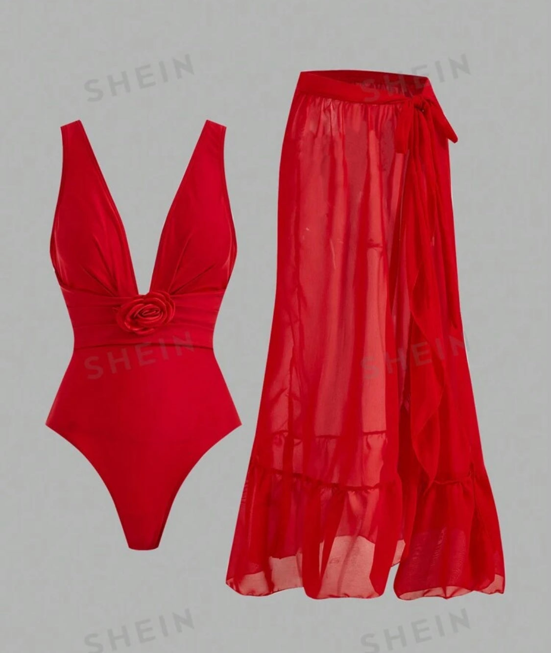 Red Plunge Flower Appliqué Swimsuit & Skirt Set
