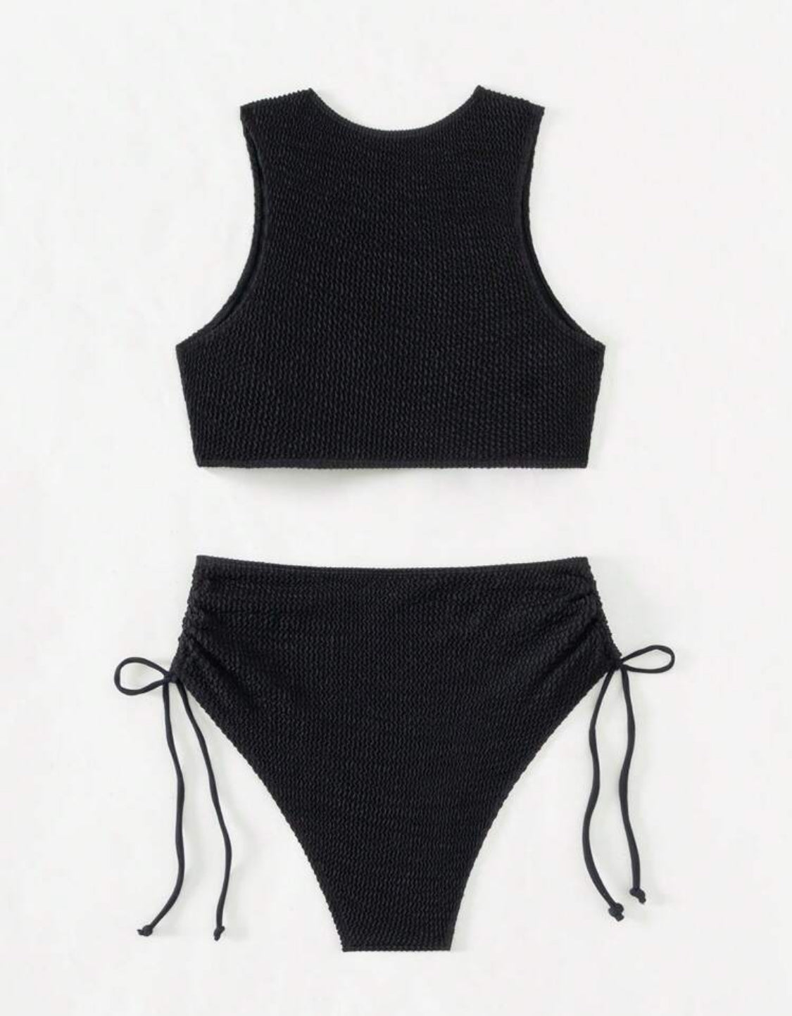 Black Crinkle Drawstring High Waist Bikini Set