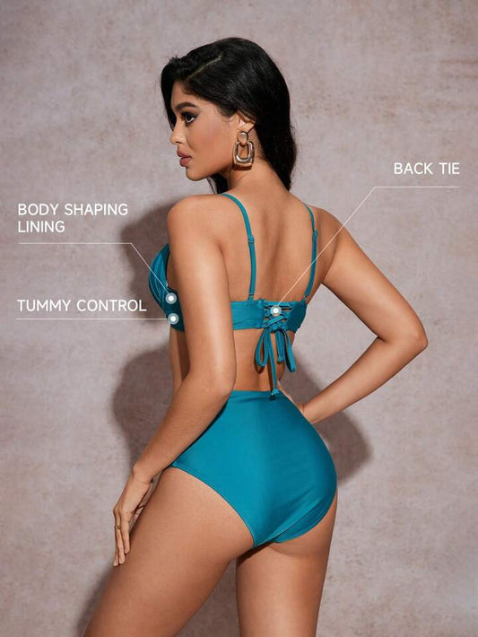 Teal Tummy Control Push Up Ruched Bikini Set