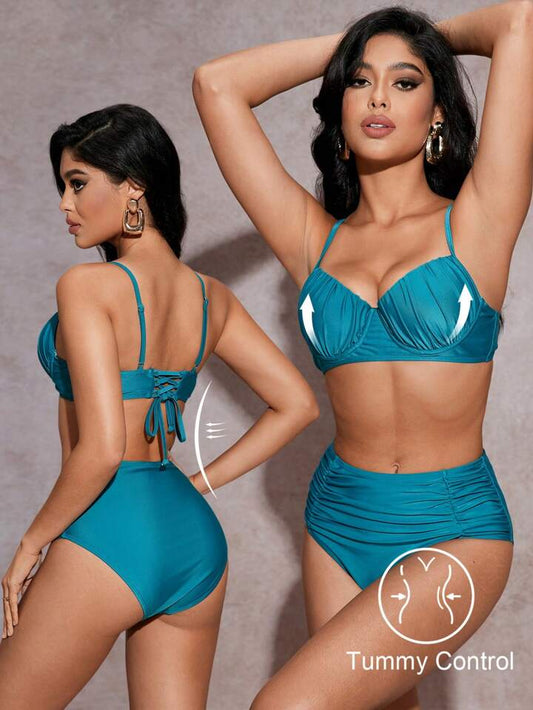 Teal Tummy Control Push Up Ruched Bikini Set
