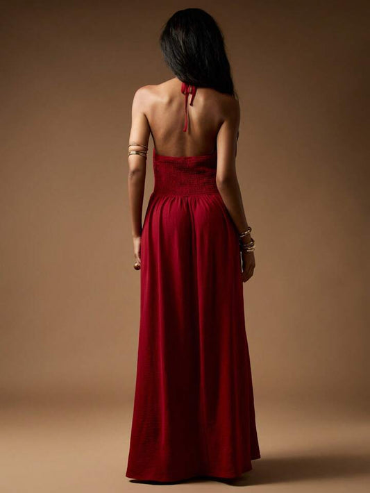 Wine Red Shirred Gold Detail Maxi Dress