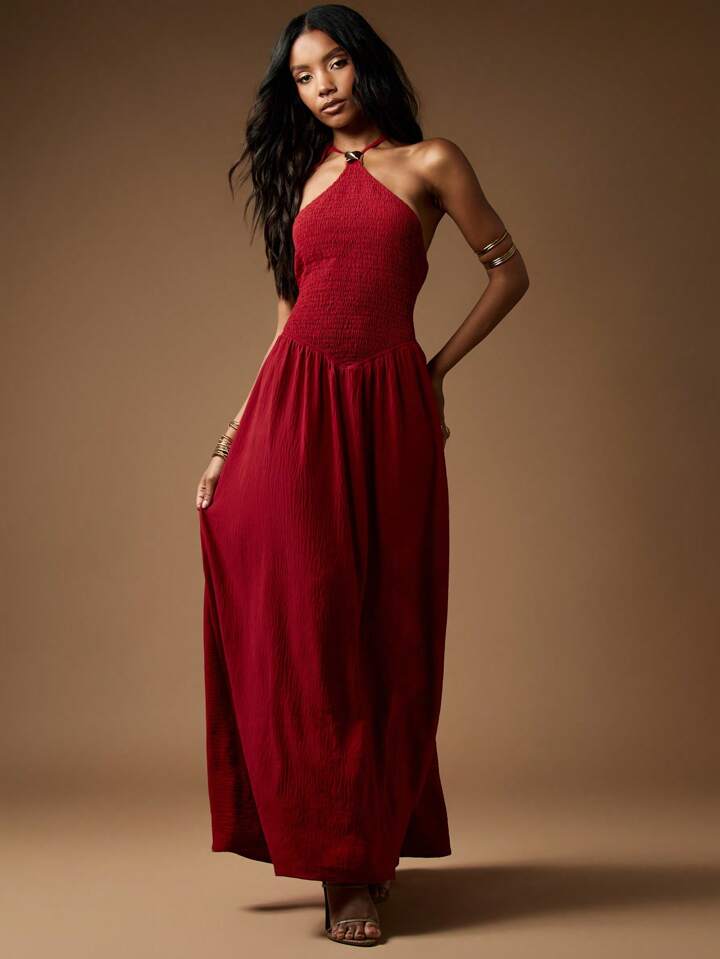 Wine Red Shirred Gold Detail Maxi Dress