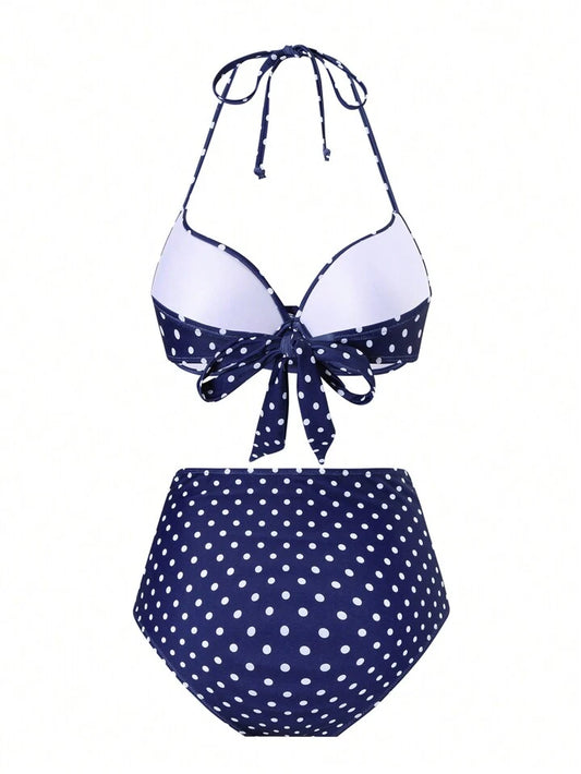 Navy Polka Dot Push Up Twist Ruched Bikini Set