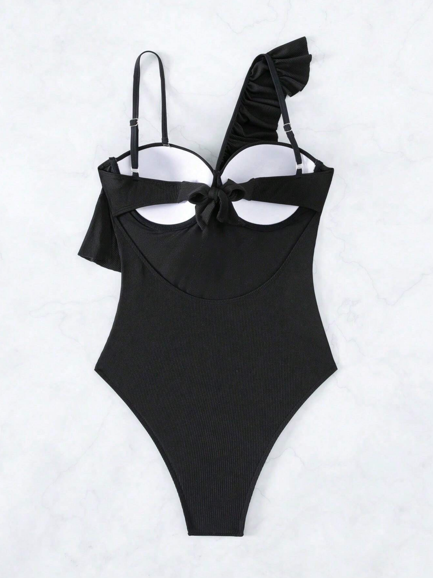 Ruffle Trim Ribbed Push Up One Piece