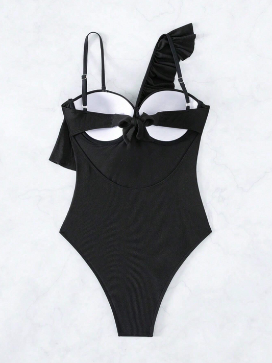 Ruffle Trim Ribbed Push Up One Piece