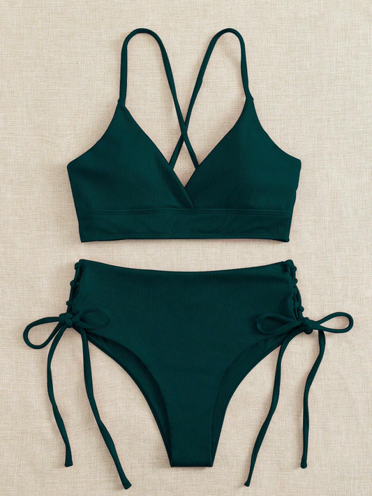 Basic Ribbed Lace Up Bikini Set