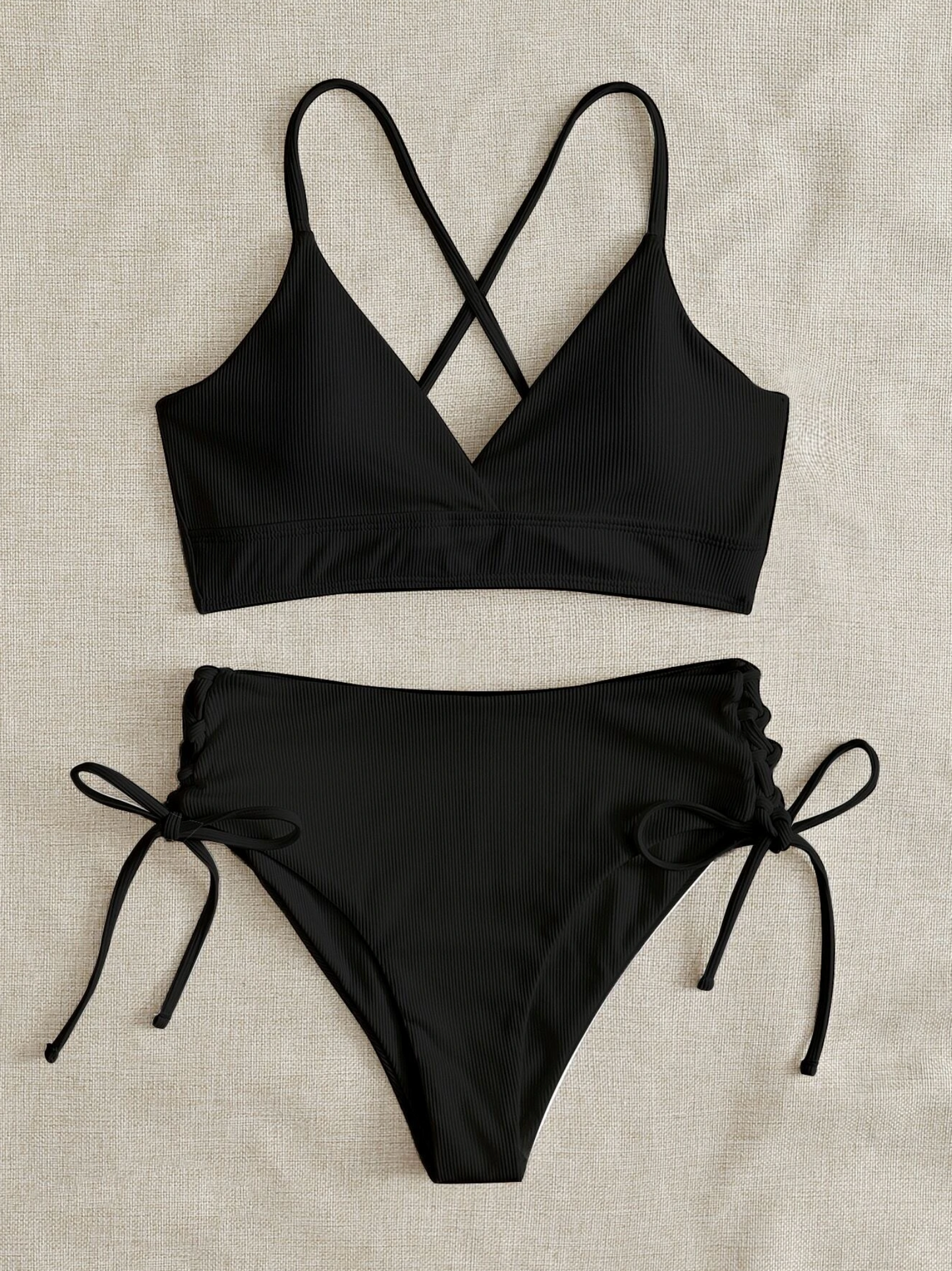 Basic Ribbed Lace Up Bikini Set