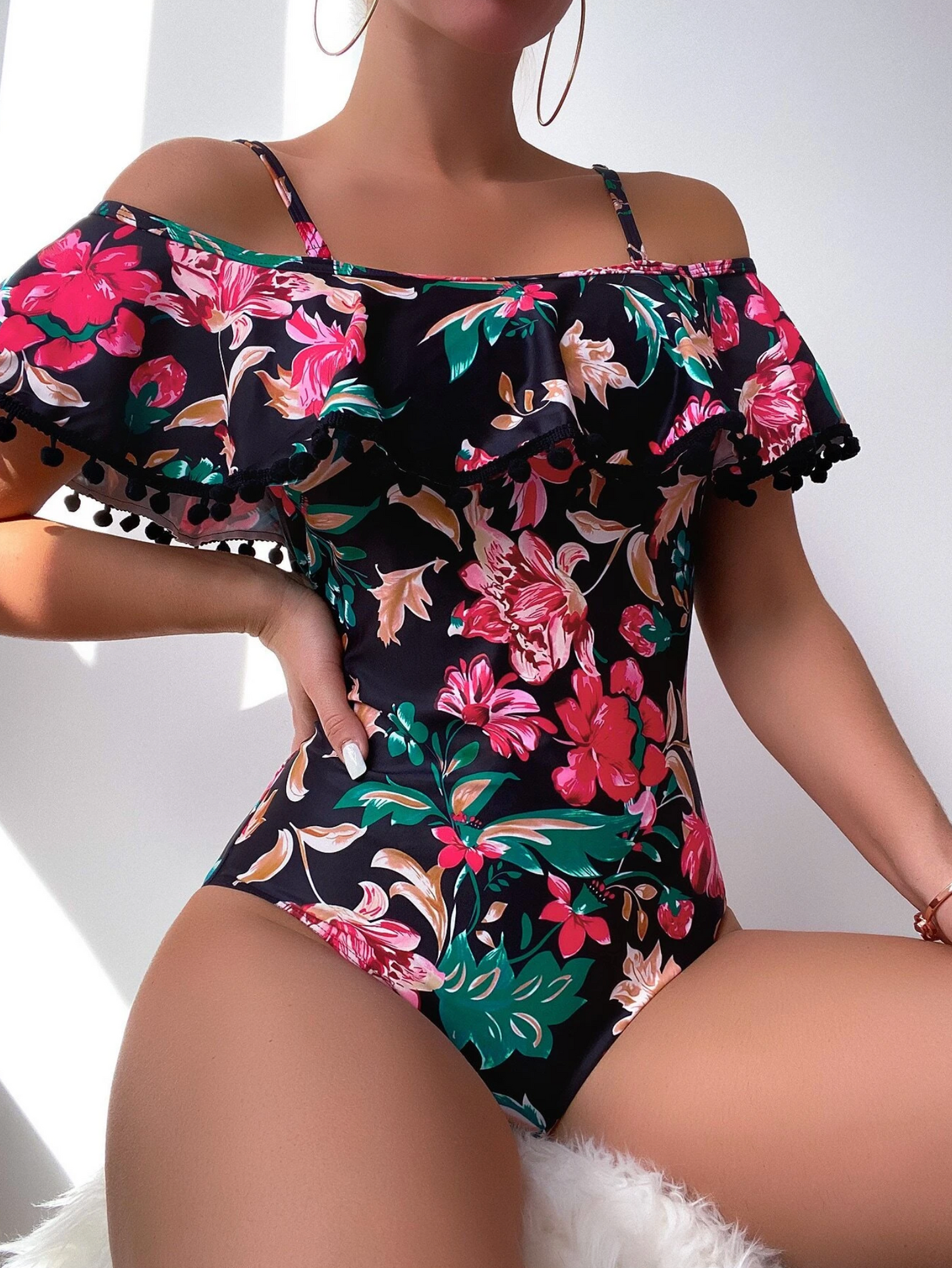 Tropical Pom Pom Flounce Ruffle Off Shoulder One Piece Swimsuit