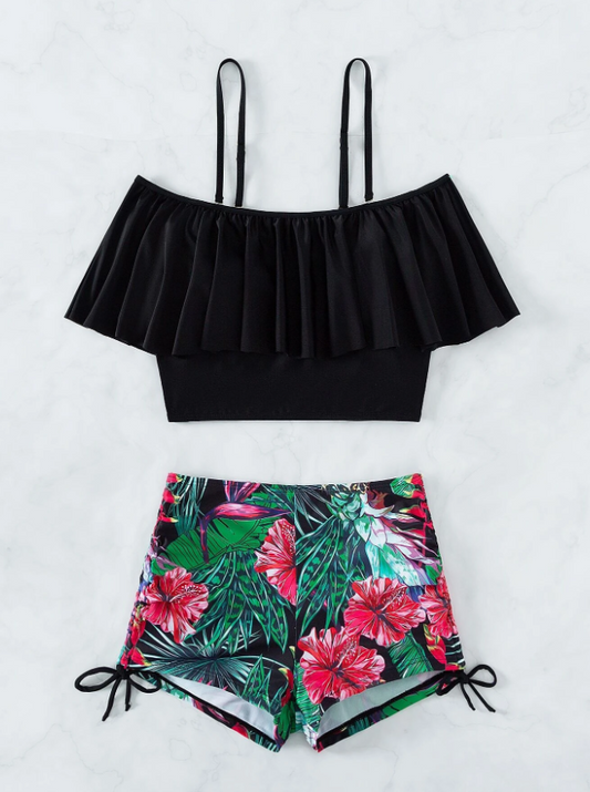 Ruffle Off Shoulder Block & Tropical Bikini Shorts