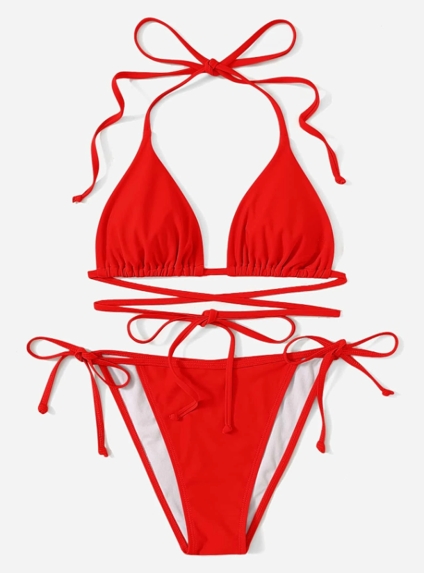 Red Lace Up Tie Triangle Bikini Set