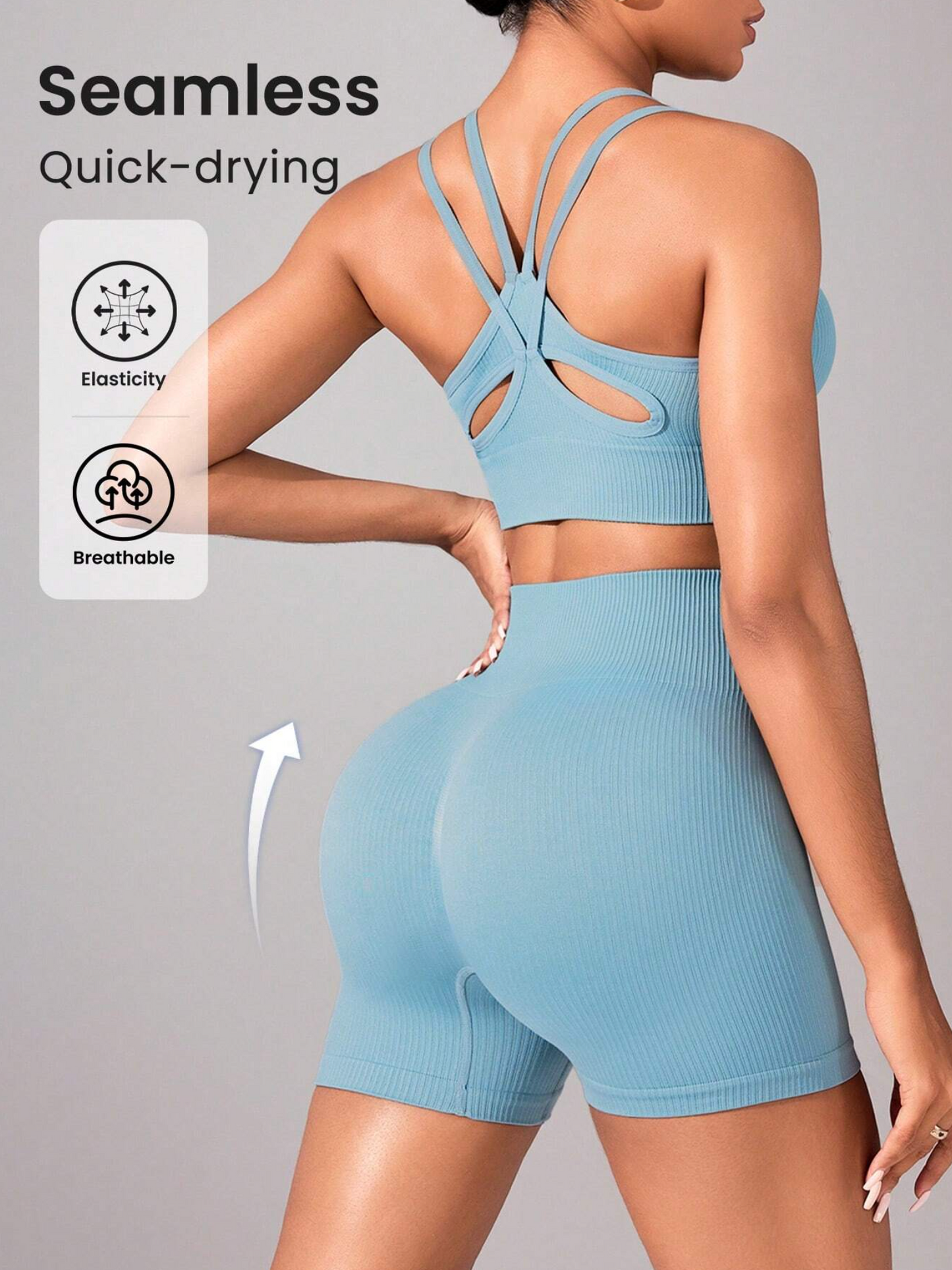 Dusty Blue Seamless Rib Knit Sports Bra & Shorts Set