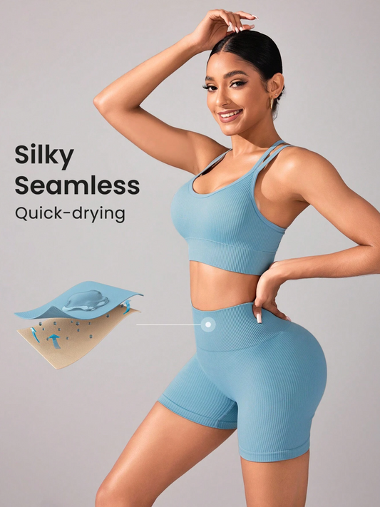 Dusty Blue Seamless Rib Knit Sports Bra & Shorts Set