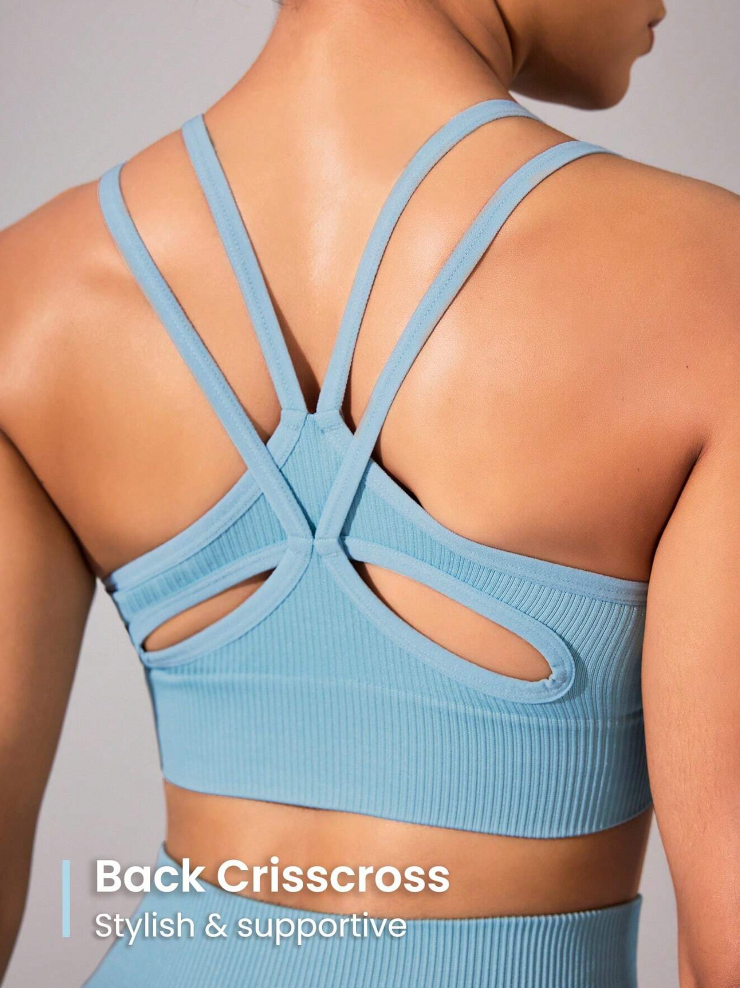 Dusty Blue Seamless Rib Knit Sports Bra & Shorts Set