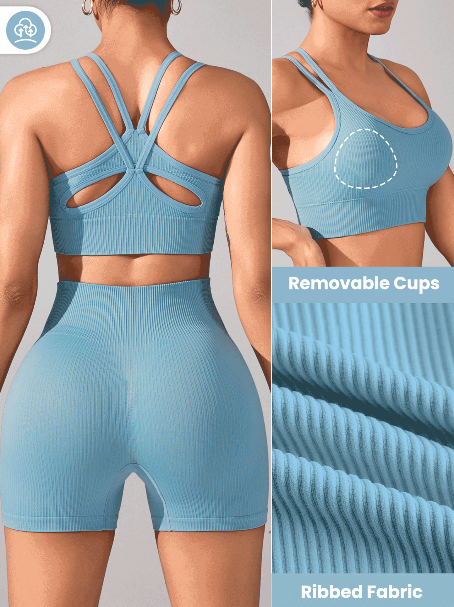 Dusty Blue Seamless Rib Knit Sports Bra & Shorts Set