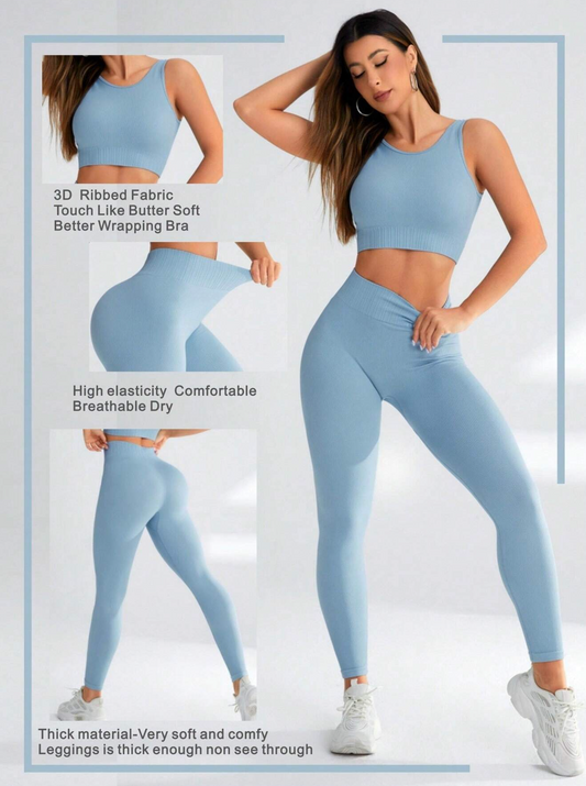 Dusty Blue Seamless Rib Knit Scoop Sports Bra & Leggings Active Set