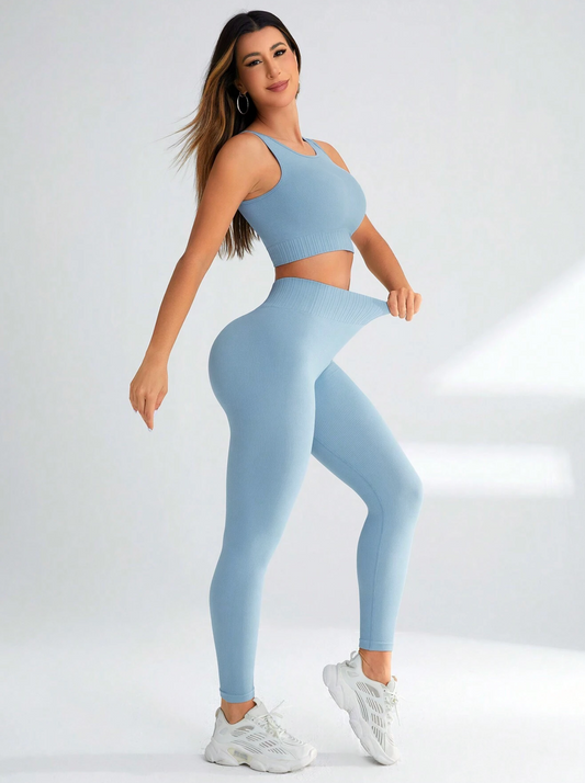Dusty Blue Seamless Rib Knit Scoop Sports Bra & Leggings Active Set
