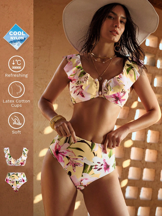Premium Butter Yellow Floral Pearl Detail High Waist Bikini Set