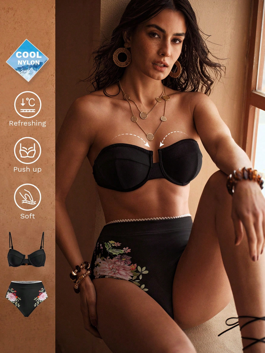 Premium Black Underwire Floral Trim Bikini Set