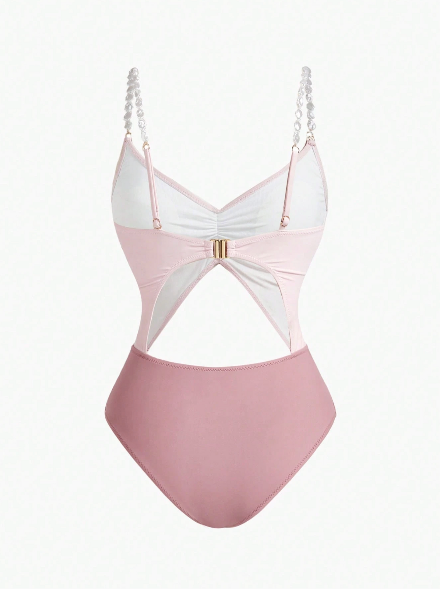 Premium Dusty Pink Two Tone Pearl Strap Cut Out Swimsuit
