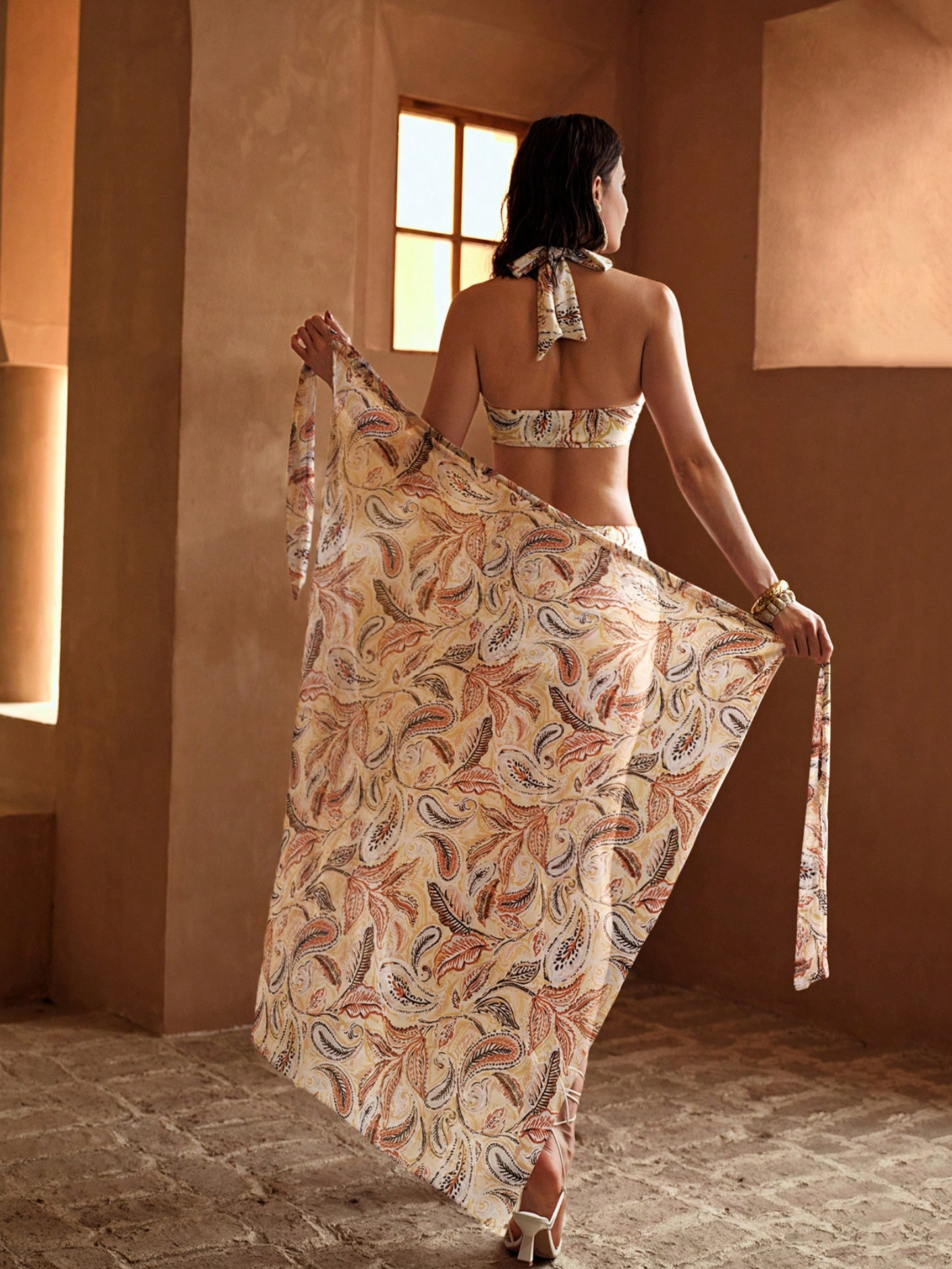 Premium Paisley Cream Bandeau High Waist Bikini & Sarong
