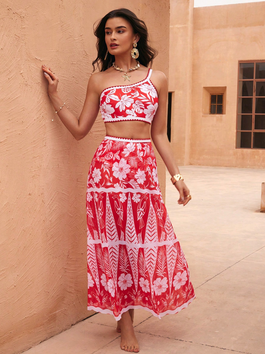 Red One Shoulder Floral High Waist Bikini & Sarong Set